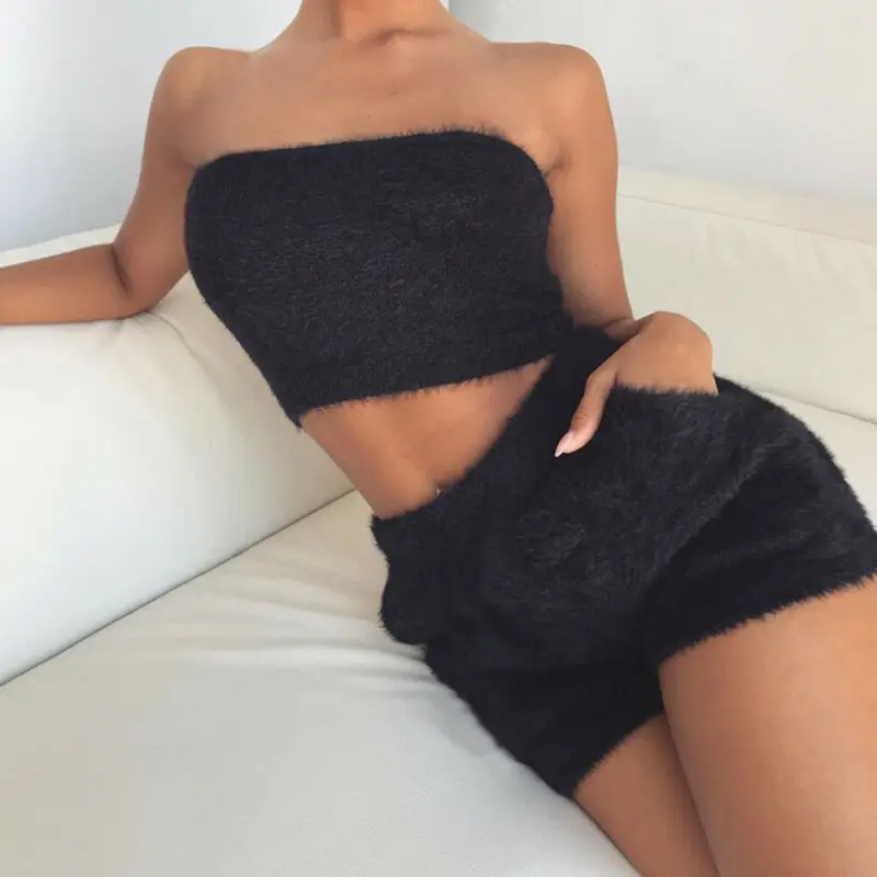 Сексуальная Bodycon пушистый трубчатые Топы без бретелек шорты костюм осень-зима