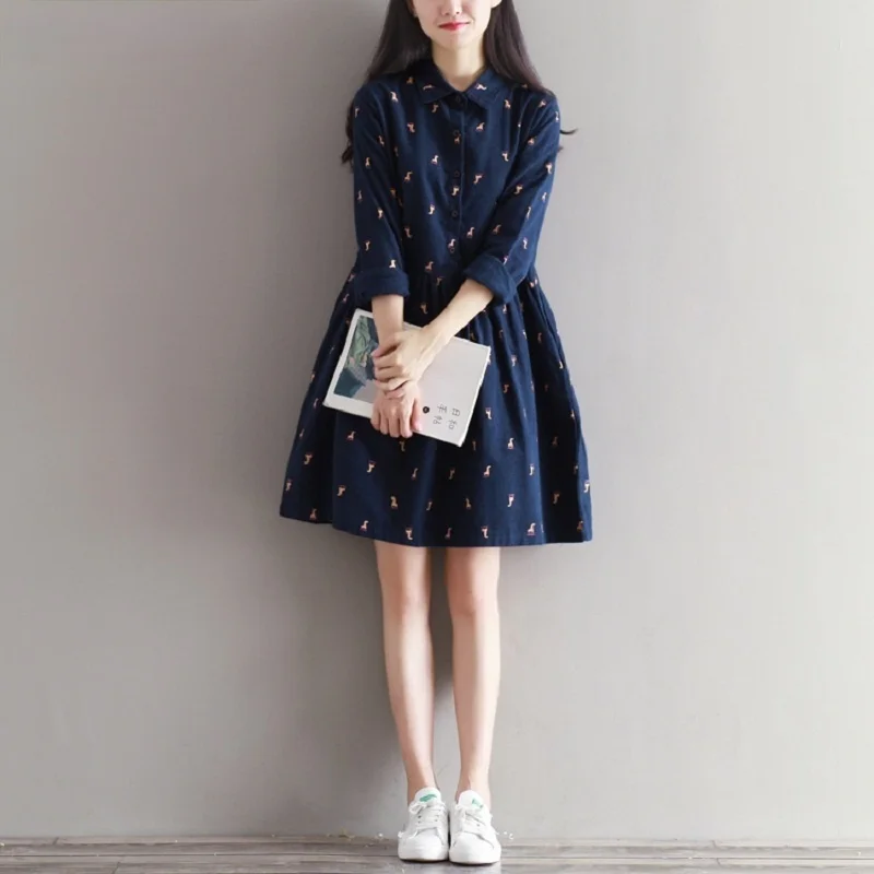 

Women Dress Turn Down Collar Giraffe Printed Vestidos Long Sleeve Christmas New Year Gift Dresses Mori Girl Autumn Winter Sweet