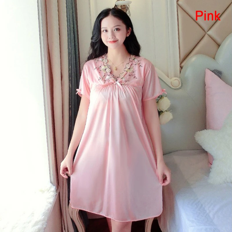 

Perspective Ladies Sexy Sleepwear Summer Plus Size Short Sleeve V-Neck Faux Silk Satin Nightgown for Women