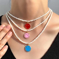 korean simple beads colorful enamel smiley choker necklaces for women girls imitation pearls chain necklace charm jewelry gift