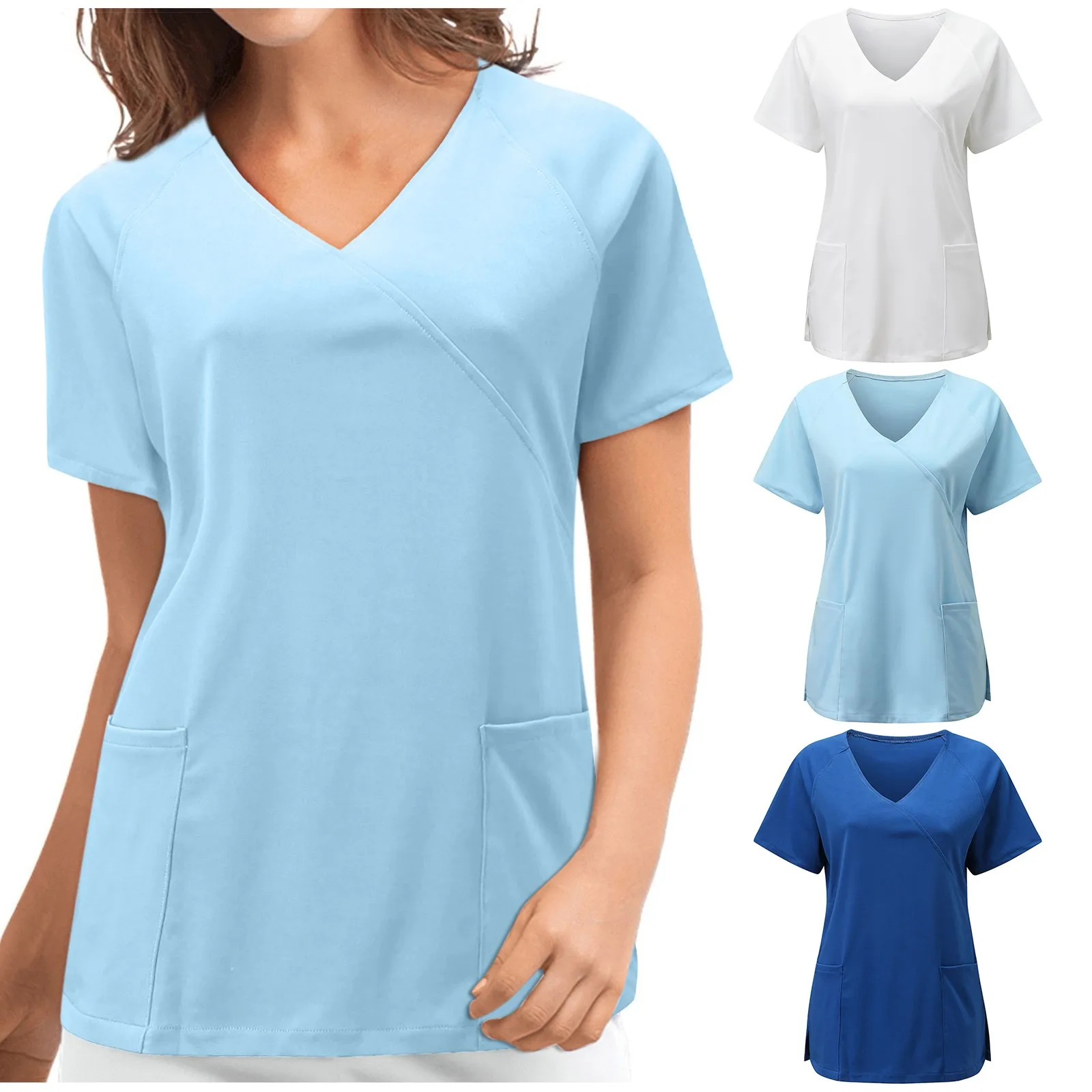 

Women Short Sleeve V-neck Nurse Tops Plus Size Solid Color Uniforme Enfermera Mujer Clinic T-shirts Loose Stretchy Nurse Uniform