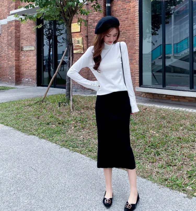 

Spring Casual Fashion Turtleneck Pullovers Buttons Long Sleeve Embroidered Letters Free Size Holiday Swear Womens Sweaters 8950