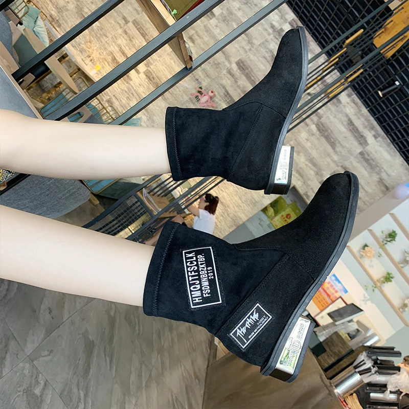 New Luxury Designer Vintage British Style Stretch Shoes Winter Women Letter Print Plus Velvet Keep Warm Thick Heels Martin Boots | Обувь