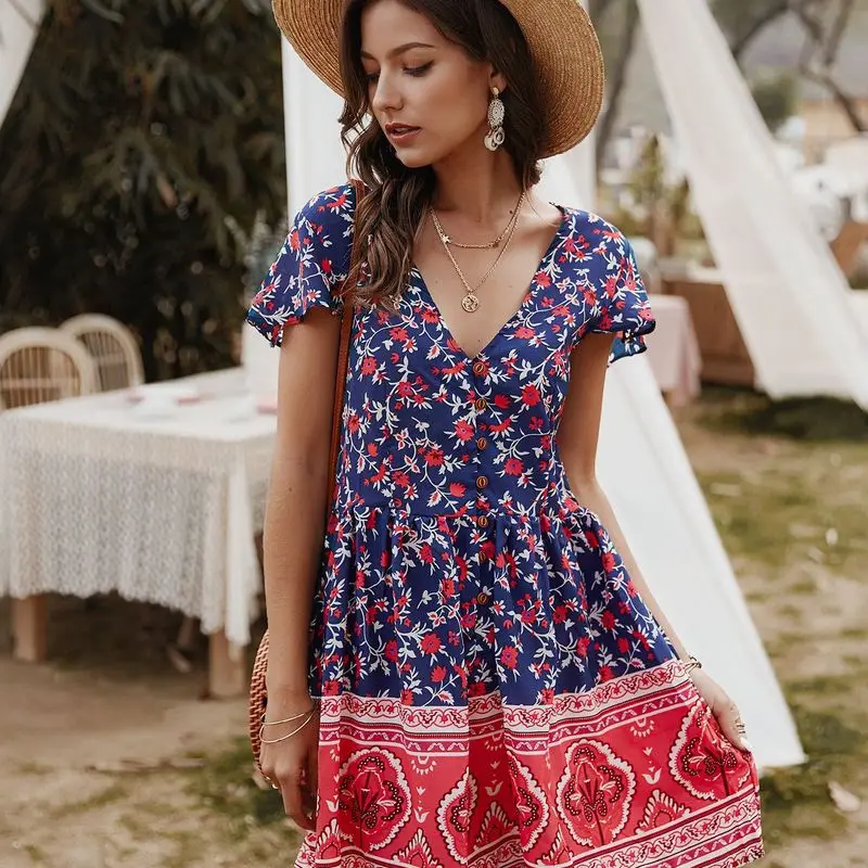 

Dresses Boho Dress Kaftan 2020 Saida De Praia Summer Woman Sexy Women's New Neck Leisure Print Cotton Polyester Mini Dress