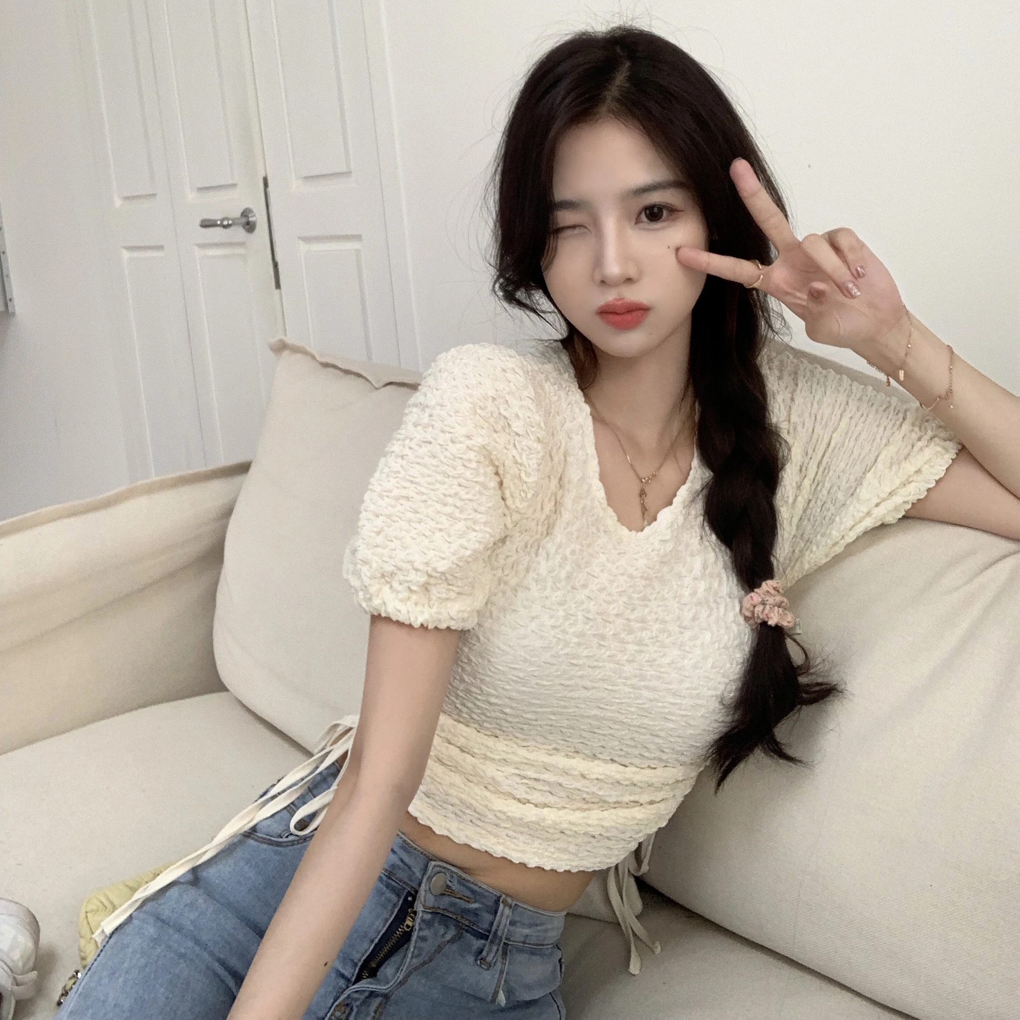 

Skinny Sexy Tops Puff Sleeve Blouses Short Top for Woman Fashion One-Piece Clothing Ladies Summer crew neck Blouse 2021 New