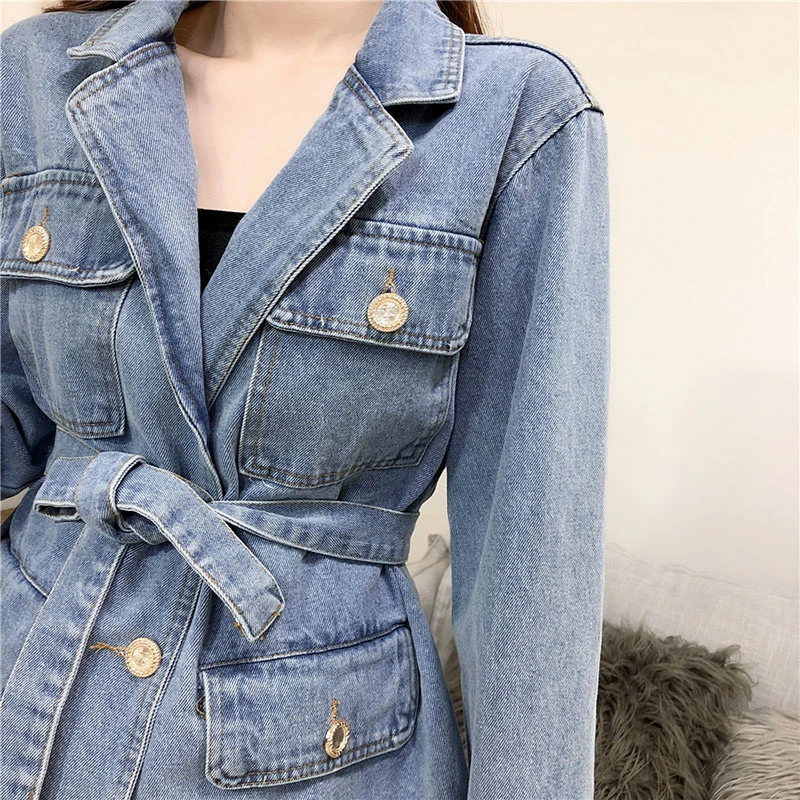 Женская ВИНТАЖНАЯ ДЖИНСОВАЯ КУРТКА с поясом Однотонная синяя свободная куртка