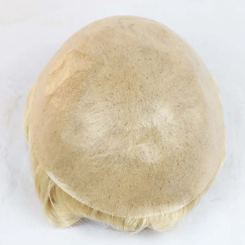 Full Poly Mens Toupee All Skin Hairpieces Blonde Thin Skin Human Hair Systems Hair Replacements All PU Wigs for Men 8x10 Inches