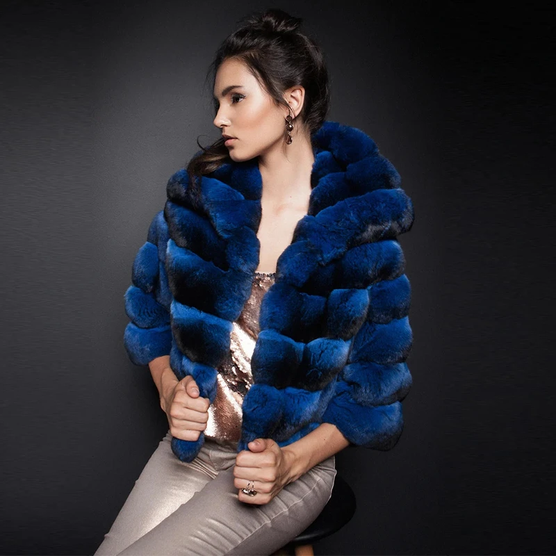 FURSARCAR 2021 New Fashion Short Chinchilla Fur Jacket Winter Women Luxurious  Natural Real Rex Rabbit Fur Coat With Collar