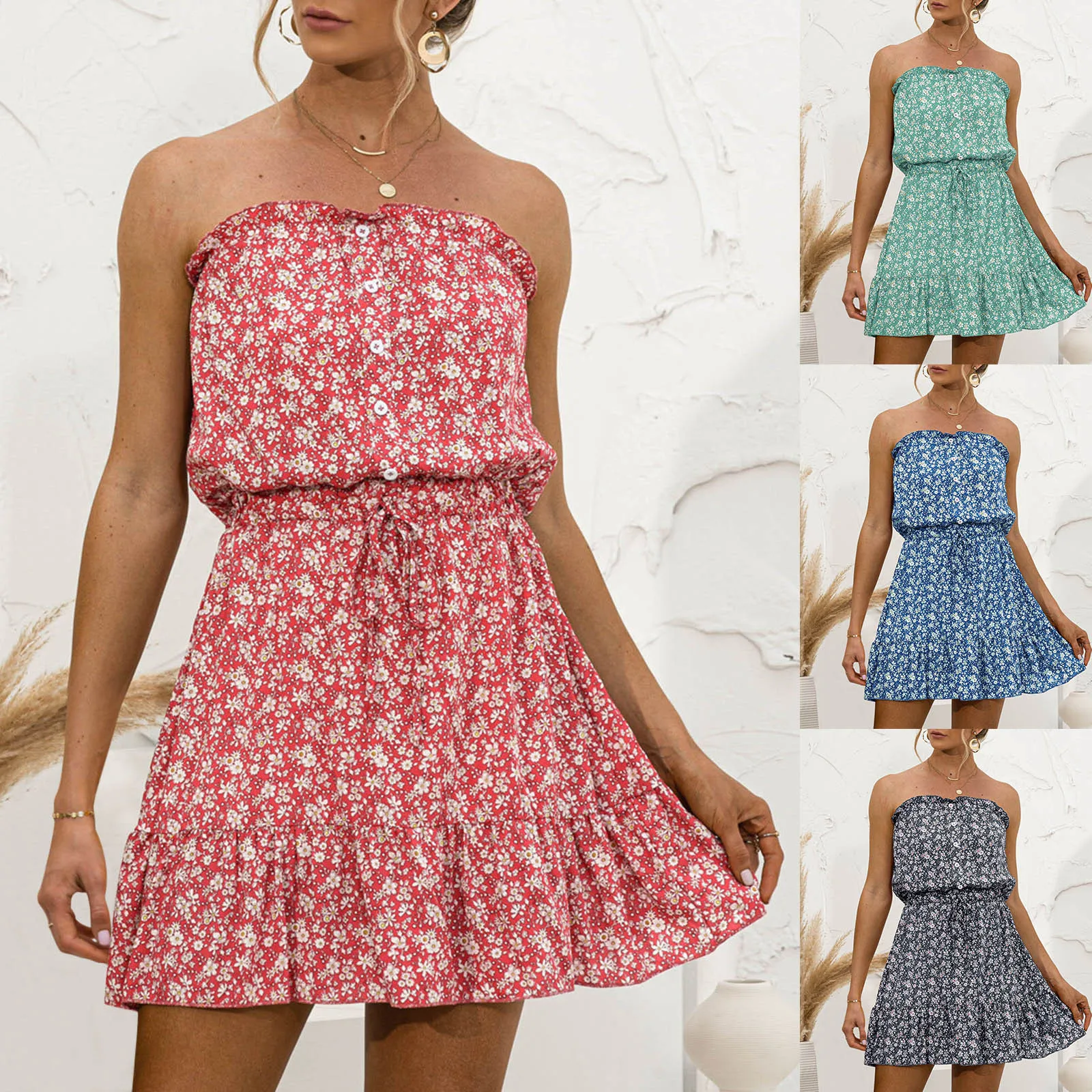 

Women Sexy Tube Top Floral Print Dress Elegant Sleeveless Casual Ruffles Dress Summer Bohemian Beach Dresses Mini Party Vestidos