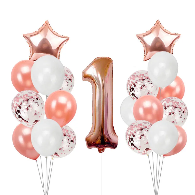 21pcs Rose Gold Mixed Confetti Balloons Happy Birthday Decoration 1st First Baby Boy Girl Party One Year Just Married | Дом и сад