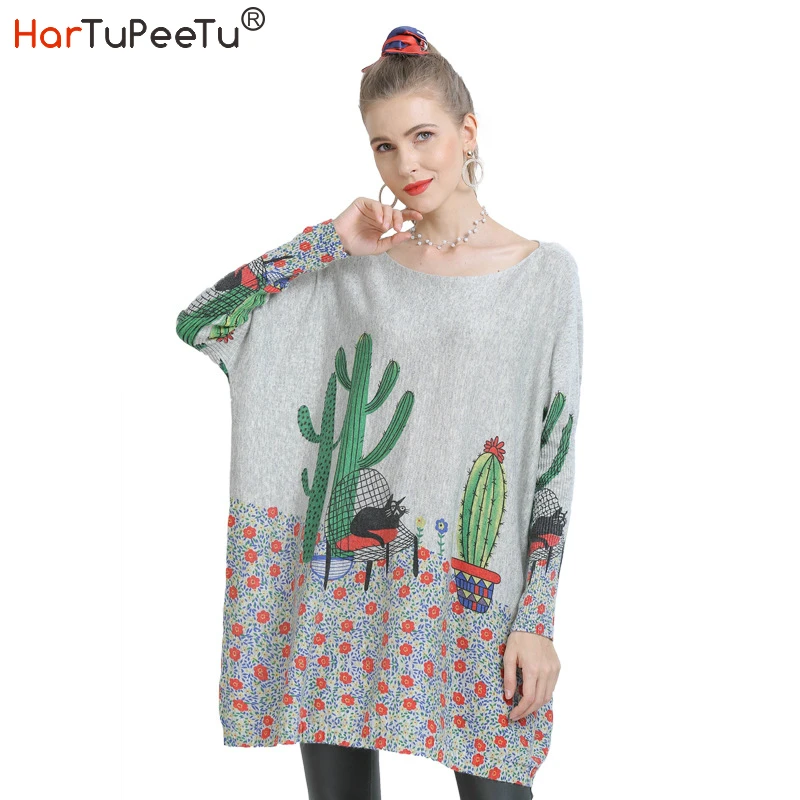 Женский свитер большого размера с забавным принтом трикотажный пуловер рукавом