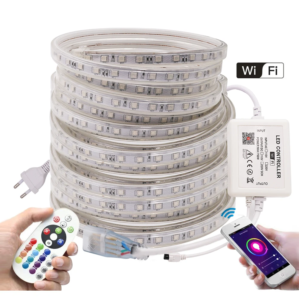 

RGB 5050 WIFI LED Strip With Remote 110V 220V Dimmable Led Light Strips 60Leds/m Waterproof Diode Tape Flexible Light EU/UK/US