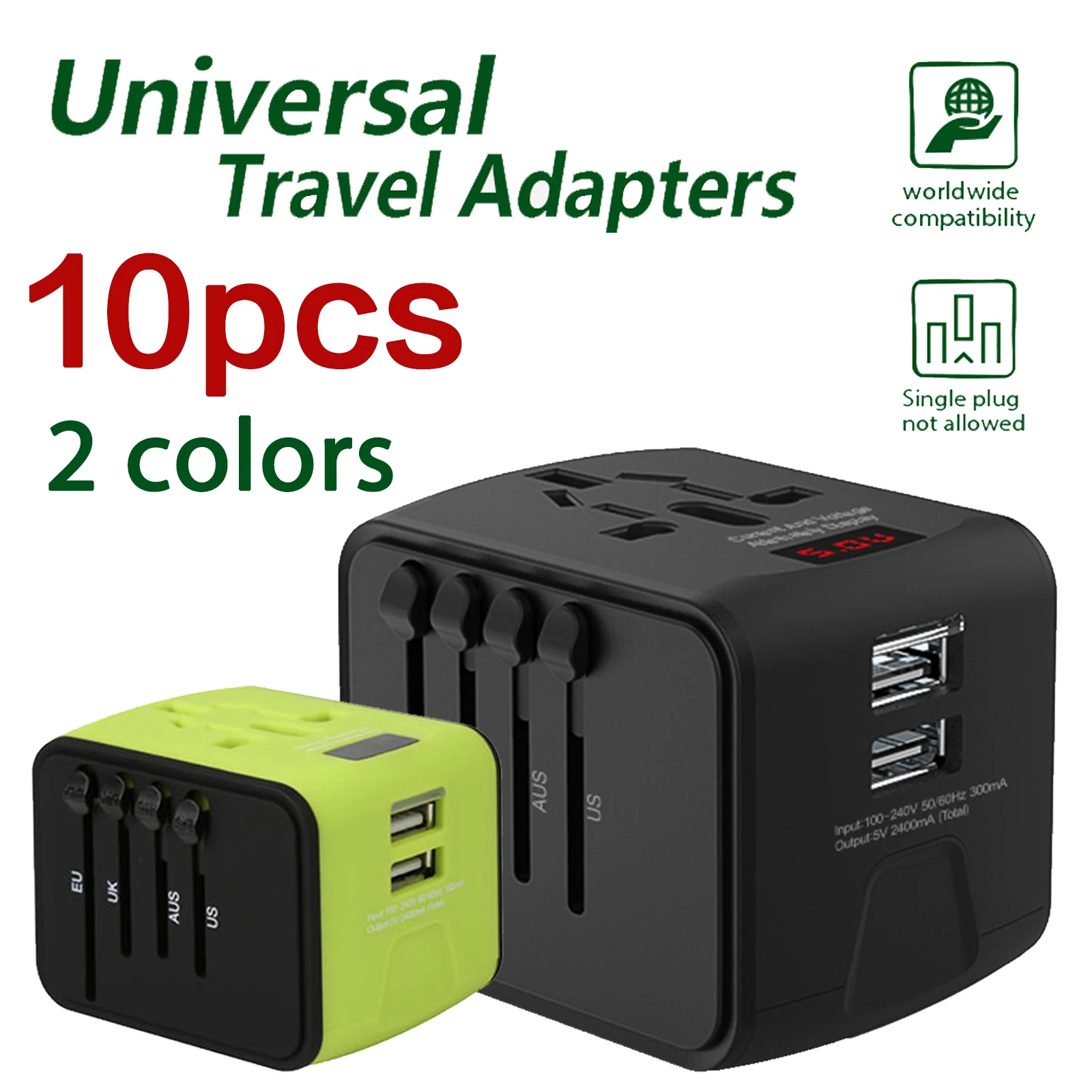 

10pcs UK/EU/AU/Asia us Plug Travel Adapter International Universal Power Adapter3.4A 4 USB Worldwide Wall Charger SL-199D
