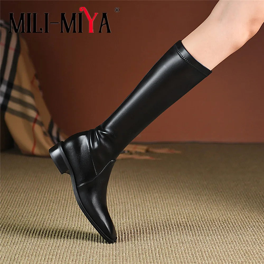

MILI-MIYA Big Size 34-43 Fashion Square Toe Women Knee High Boots Thick Heels Solid Color Elegant Brown Black Party Dress Shoes
