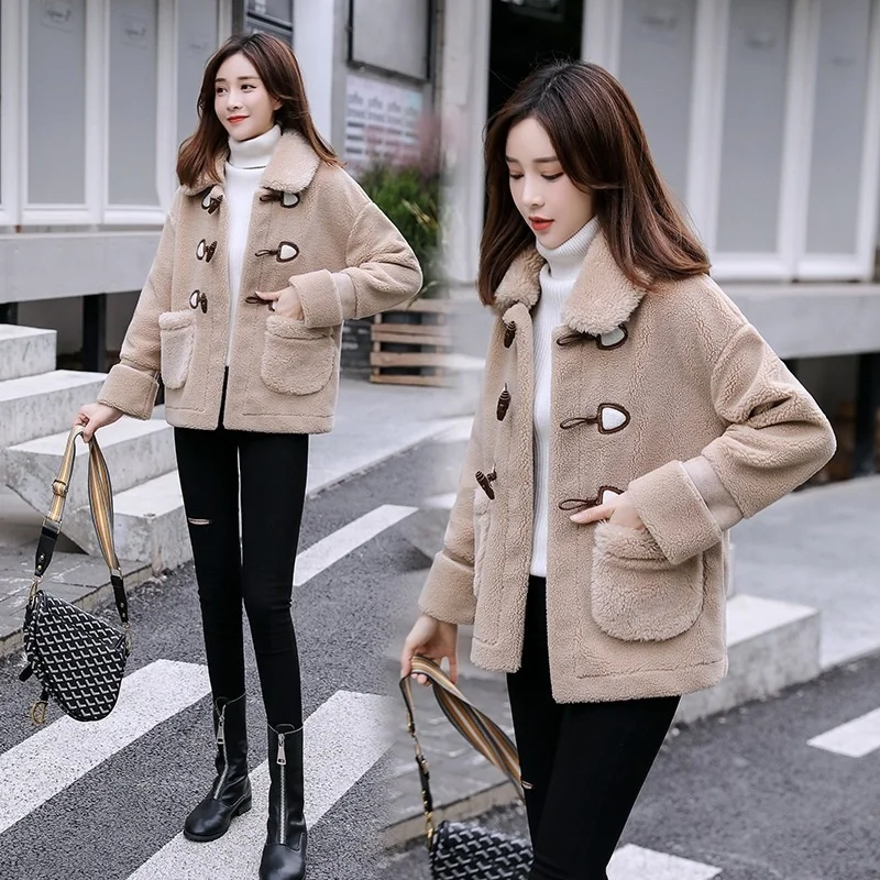 

Женское зимнее пальто из овечьей шерсти, новое корейское свободное меховое Короткое шерстяное пальто, 2021