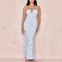 summer woman blue floral dress sexy backless sleeveless bandage ruched maxi dresses for women party chic lady clothes