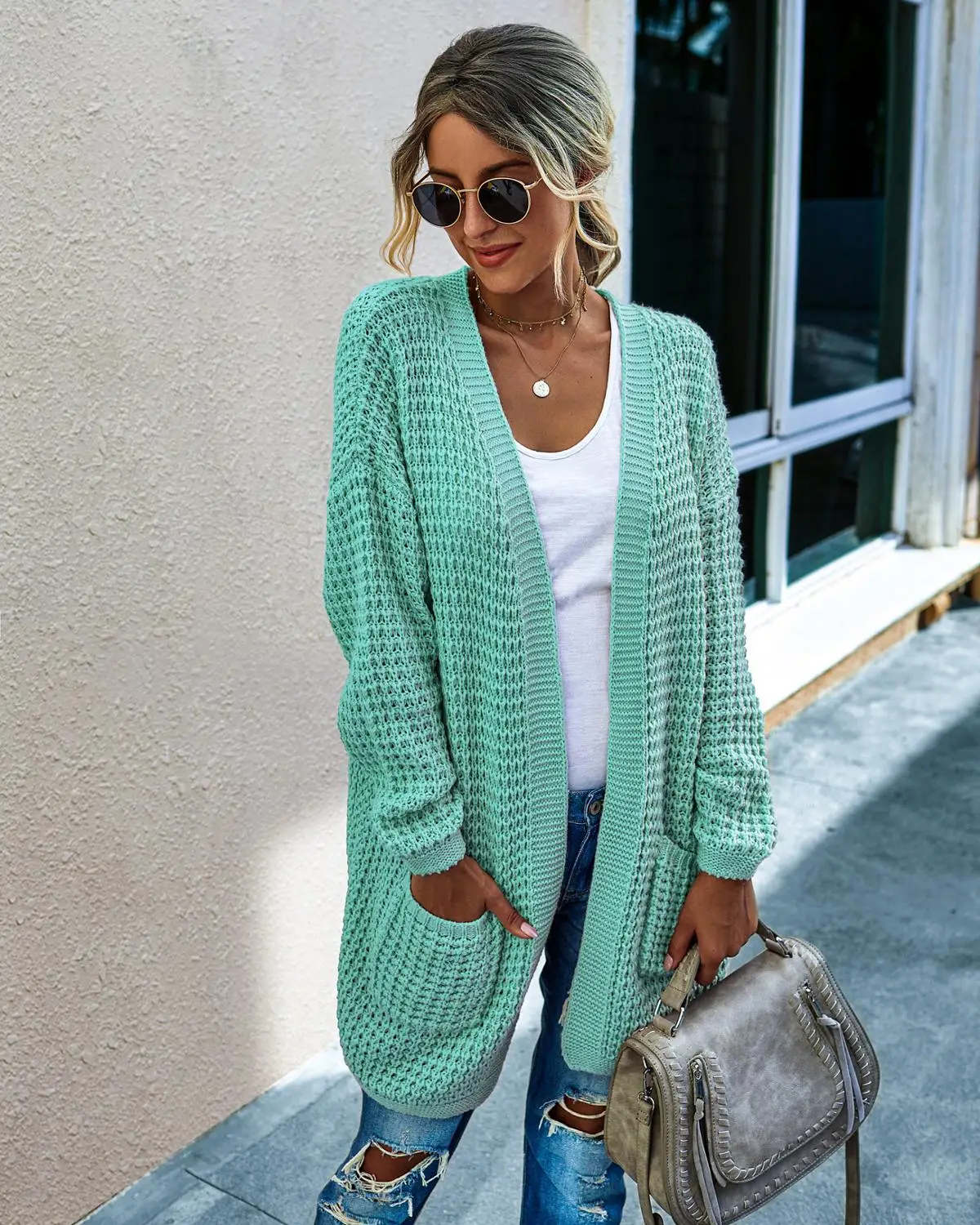 

Elegant Sweater Cardigan Coat Autumn Winter Women Color Matching Pocket Decor Casual Loose Long Sleeve Knit Thick Warm Outwear