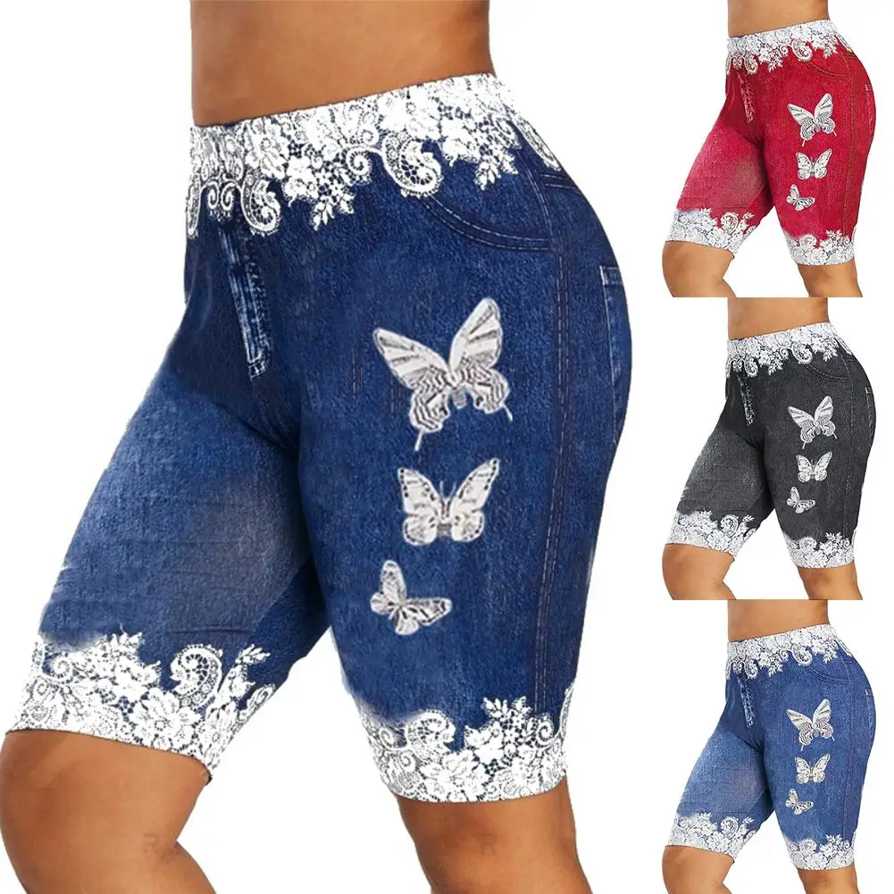 Women Fashion Lace Patchwork Butterfly Print Shorts Sports Minipants Hot Pants Slim Jeggings Denim Skinny