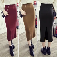 new autumn high waist back split slim long knit skirts korean cotton boho rib knitted spring pencil long skirts women