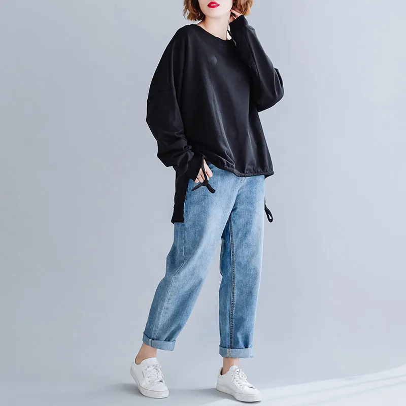 DIMANAF Autumn Winter Plus Size Women T-Shirt Basic Tunic Tops Shirts Cotton Long Sleeve Loose Casual Female Clothes Solid Black