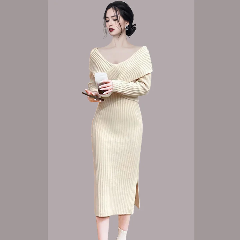 

Женское трикотажное платье-свитер, однотонное облегающее платье миди с V-образным вырезом и разрезом, Осень-зима 2021