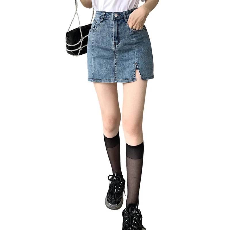 

WANYUCL high waist anti-glare a-line short skirt hakama split hip skirt 2021 summer elastic denim skirt half-length skirt female