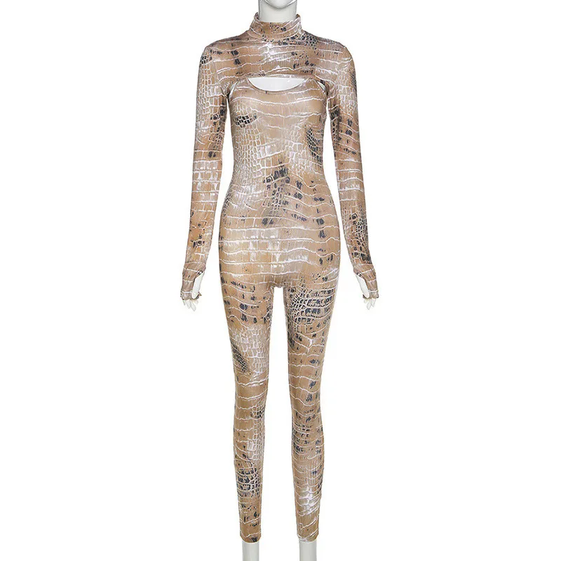 

CHRONSTYLE Women Night Party Clubwear 2 Piece Set Sexy Snake Print Spaghetti Strap Backless Hollow Out Skinny Jumpsuit Cape Coat