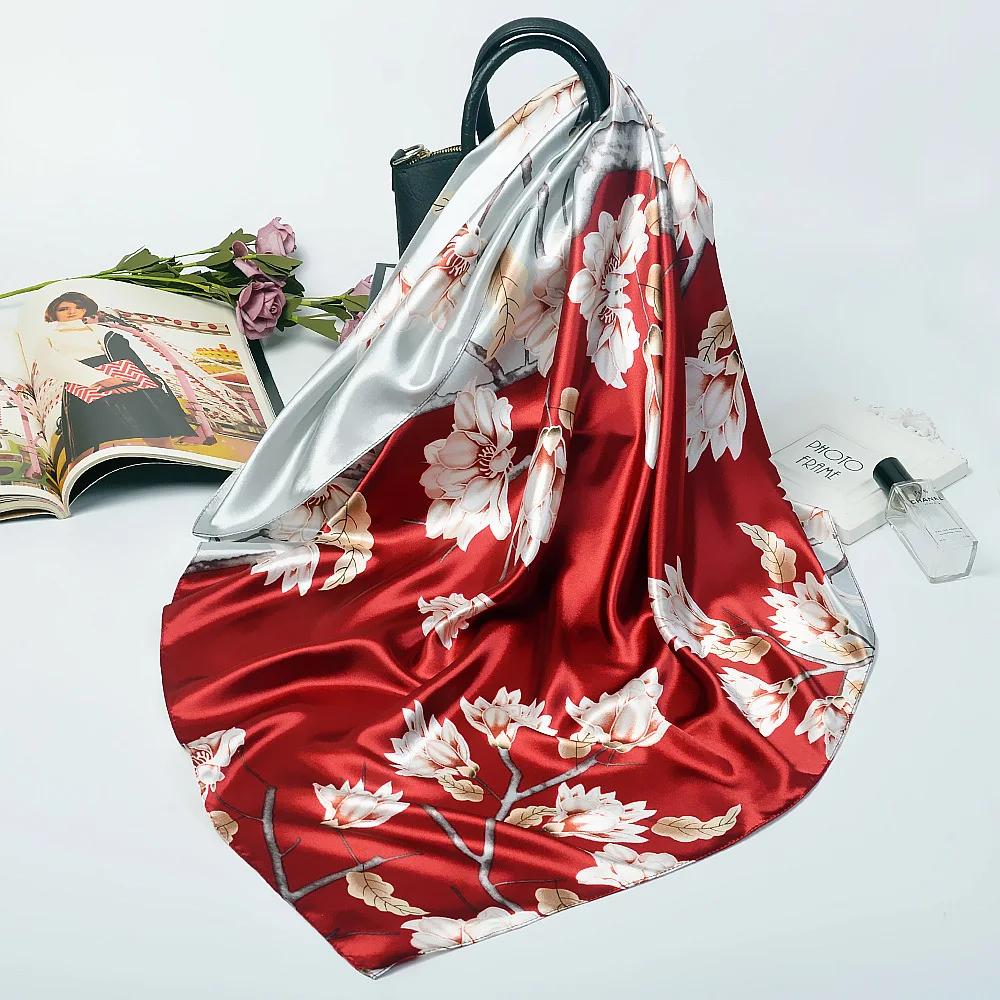 Женский атласный шарф с цветочным принтом большой квадратный женские шарфы