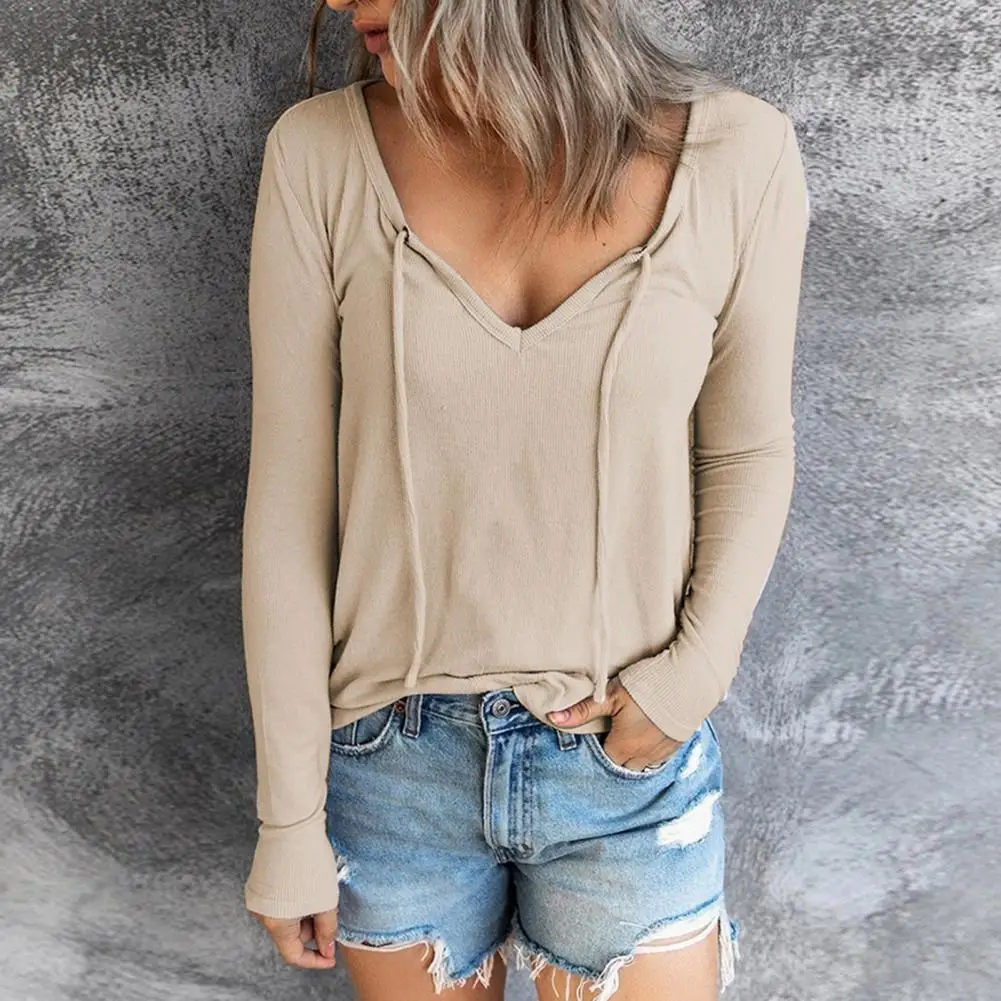 

Fashion Solid Color Women T-shirt Long Sleeve Autumn Front Lace Up Pullover Top Streetwear