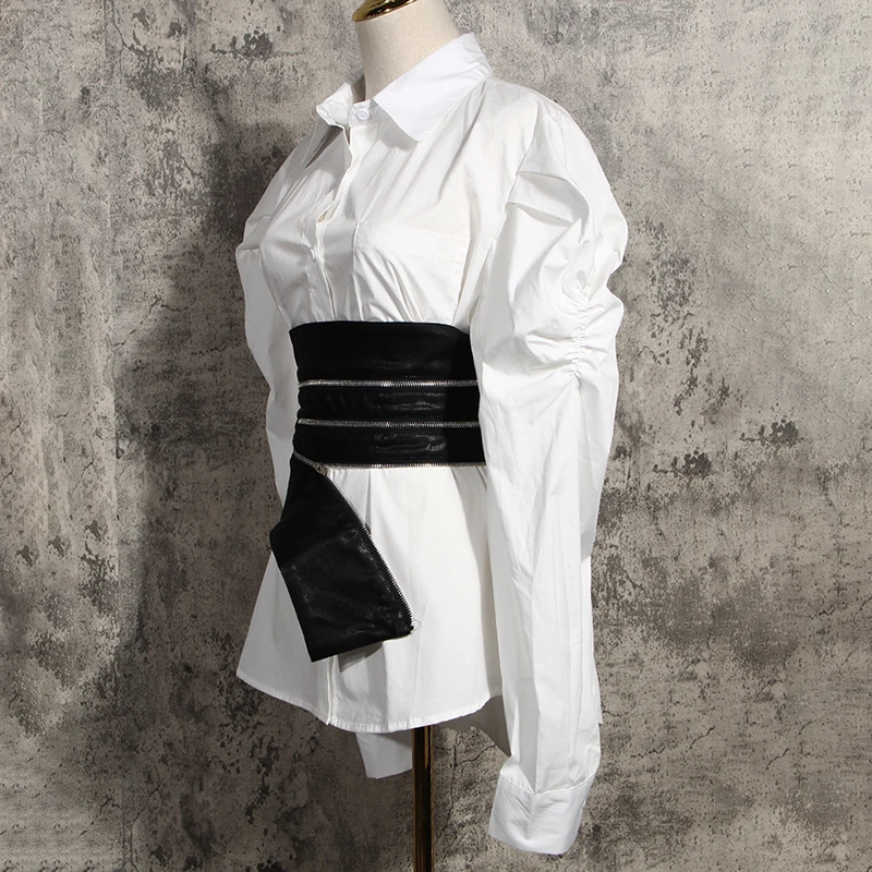 TWOTWINSTYLE Casual Two Piece Set For Women Lapel Puff Sleeve Shirt PU Leather Patchwork Zipper Belt Female Sets 2020 Fall Tide