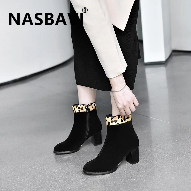 

fashion ankle boots women high heels Chelsea Boots round toe Zipper Party shoes leopard Cow suede short plush warm ankle boots