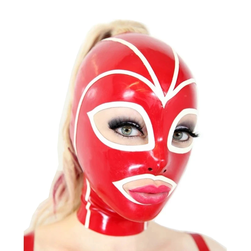 

Natural Latex Rubber Women Mask With Top Hair’s Through Hole Sexy Hood Red And White Strips Decorated ( Only Holes, without hair