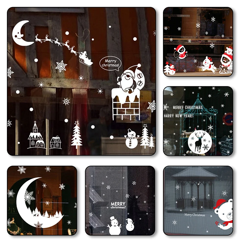 

Removable Christmas PVC Static Sticker Santa Elk Window Stickers Beautify snowflake Wall Decals New Year Party Glass Dress up