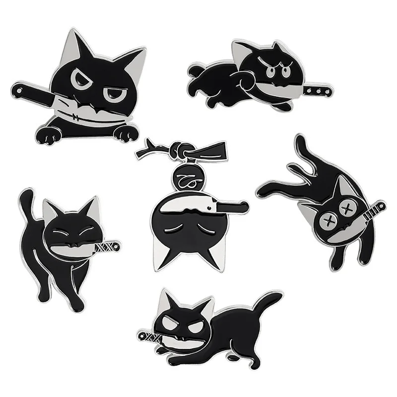 

Popular cartoon black cat biting knife funny animal metal dripping brooch DIY clothing lapel pin badge jewelry accessory