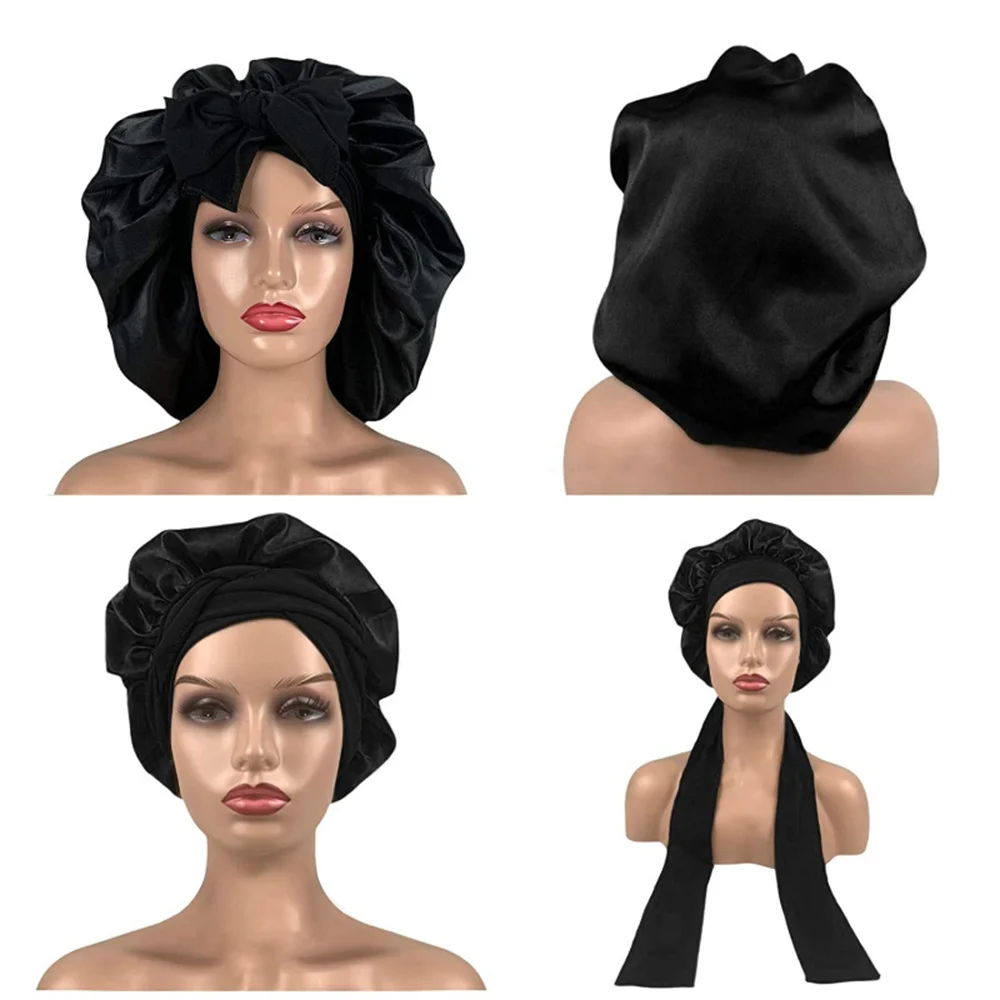 

New Fshion Women Girls Large Satin Night Sleep Cap Hair Care Hair Bonnet Hat Silk Head Cover Wide Elastic Band Bonnet De Nuit