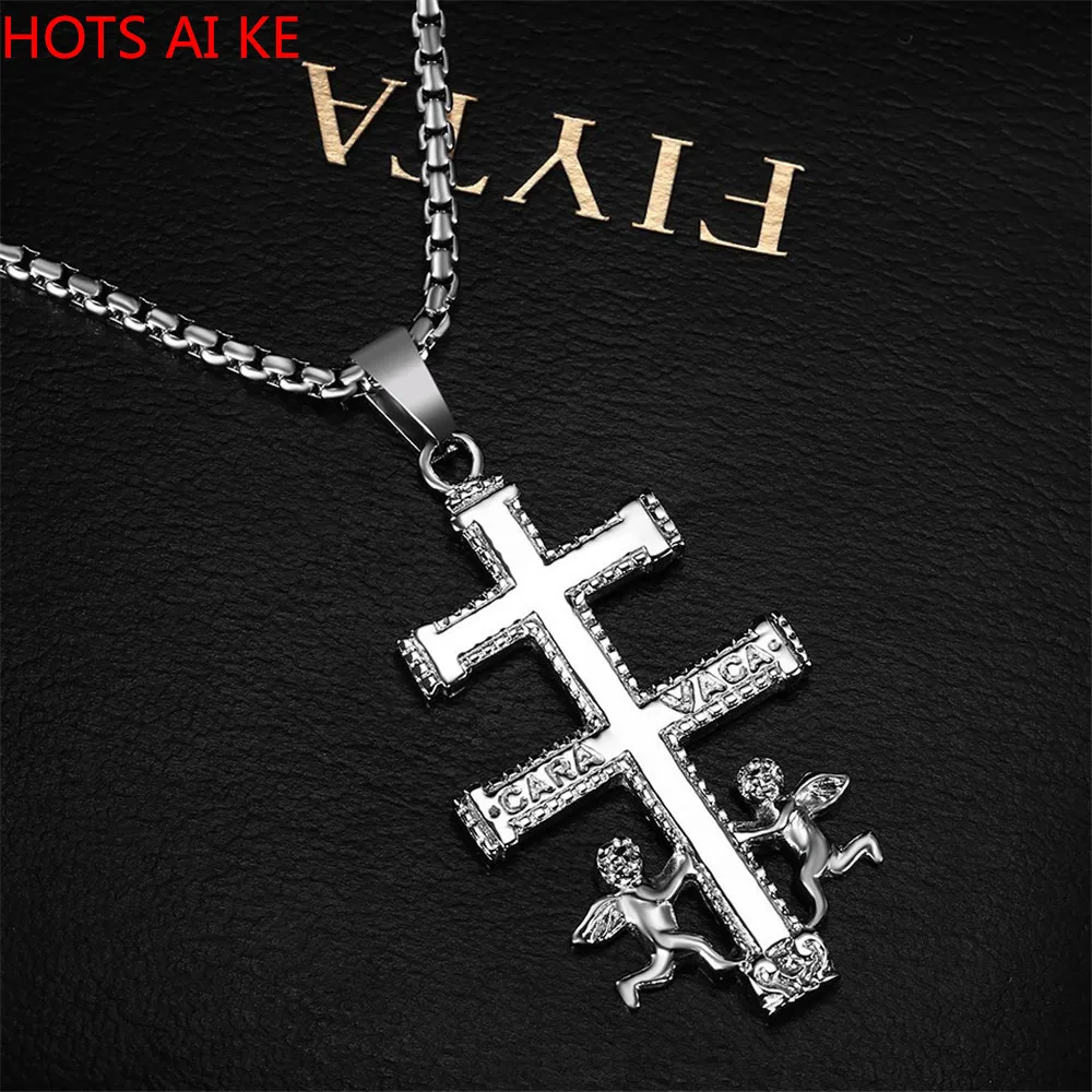 

Catholic Angel Cross Pendant Necklace For women Stainless Steel Hip Hop Jewelry Caravaca Crucifix Christian Pendant Men Gift