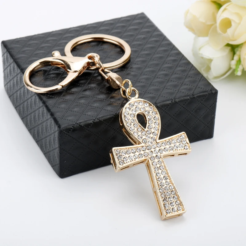 

Rhinestone Cross Pendant Keychain Religion Egyptian Ankh Crucifix Keyring Symbol of Life Iced Out Crystal Gold Chain Jewelry