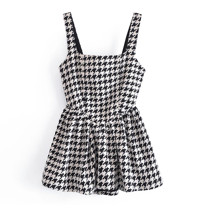

YENKYE New Women Vintage Houndstooth Sling Dress Sexy Square Neck Sleeveless A-line Short Vestido Ladies Winter Dress