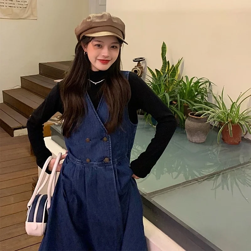 Женское джинсовое платье-майка свободного покроя на осень и зиму | Женская одежда