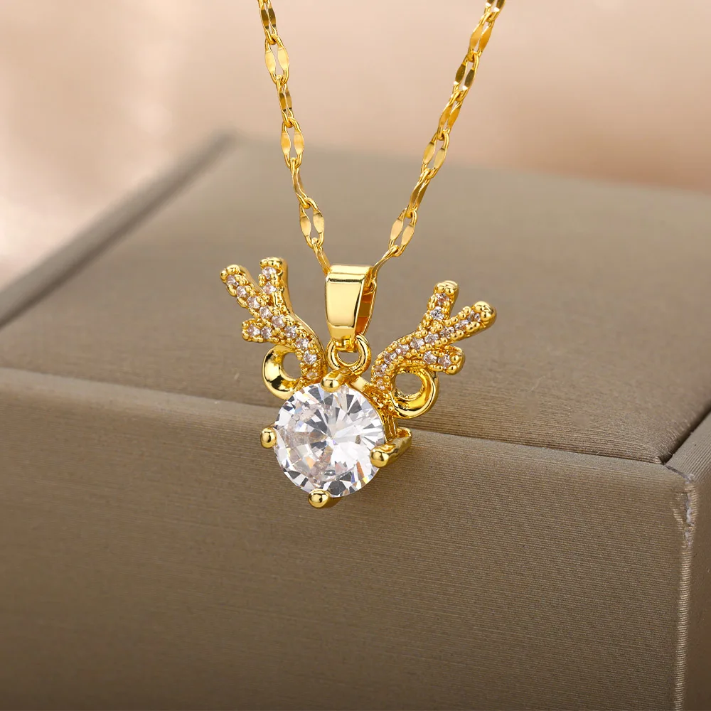 

Shiny Crystal Antler Deer Pendant Necklace For Women Girls Vintage Necklaces Korean Style Couple Jewelry Christmas Gift colar