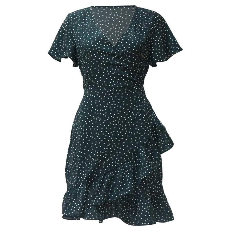 

Casual Polka Dot Mini Dress Women V Neck Ruffles A Line Dresses Short Sleeve Bandage Beach Dress Summer Robe Femme XS-L