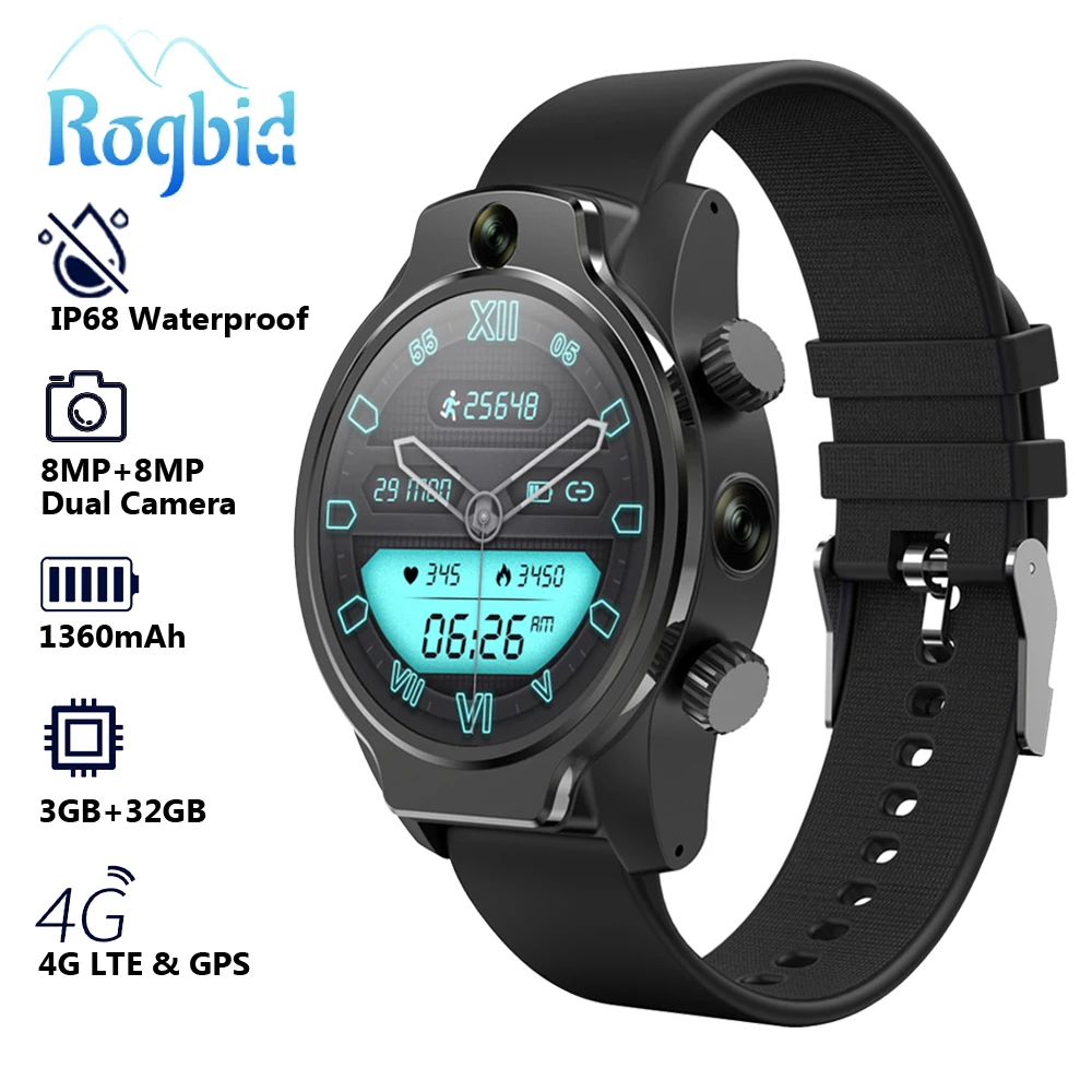 

Rogbid Brave 4G LTE Smart Watch Front/Side Camera Video Chat Face Unlock IP68 Waterproof Pedometer Heart Rate Monitor Smartwatch