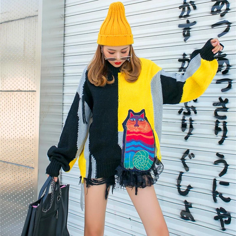QIN GMO Casual Women Pullovers Sweater 2021 Spring Autumn Cat Appliques Female Patchwork Color ZQY5231 | Женская одежда