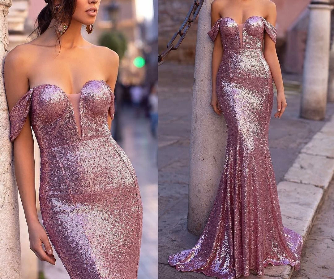 

Sexy Long Pink Sequin Mermaid Evening Dresses Off Shoulder Floor Length Lace Up Back Side Slit Formal Party Gowns for Women