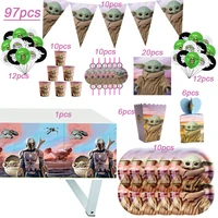 97pcs for 10 kids the mandalorian baby yoda party supplies paper plates cup tableware tablecloth yoda baby shower party decorate