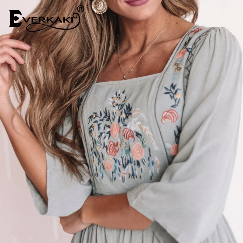 

Everkaki Floral Embroidery Long Dresses for Women Boho Oversize Elegant Ladies Summer Plus Midi Dress Vestidos Female 2021 New