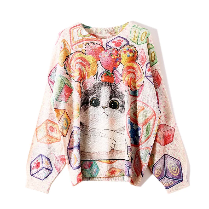 High Street Women Sweet Sweaters Personality Cartoon Cats Printed Designer Oversized Pullovers Autumn Knitted Jumpers Loose Tops 