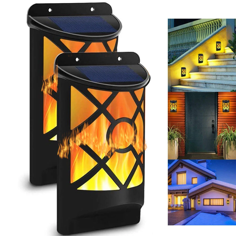 

Solar LED Light Outdoor Flame Lights Light Sensor Auto on/Off 96 LED Lamp Solar Powered Wall Mounted for Patio Yard Wall Lamp
