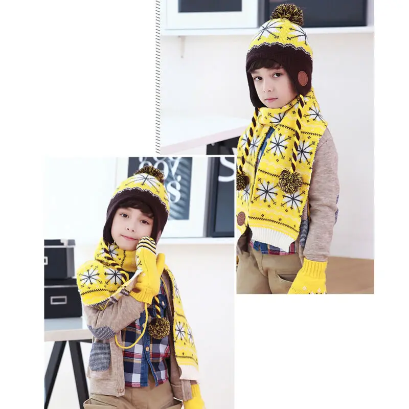 

Kids Warm Kniting Gloves Hats Set Kid Boys Girls Winter Knitted Floral Print Beanie Hat Pom+Scarf Knitted Scarves Set 4-12 Years