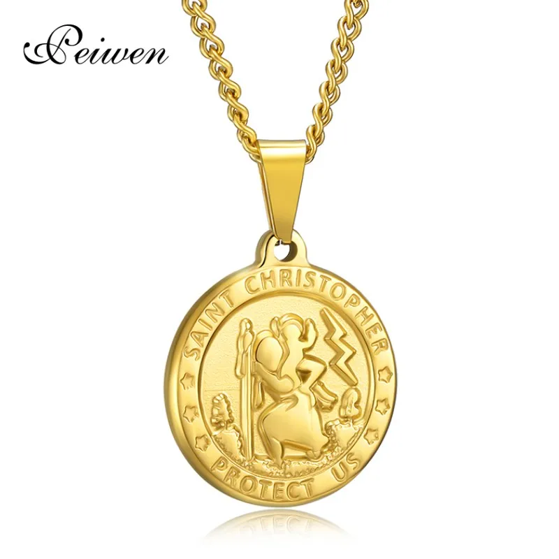 

Jesus Christ Chain Necklace Saint Christopher Protect us Necklace Round Gold Silver Color Stainless Steel Jewelry For Christians